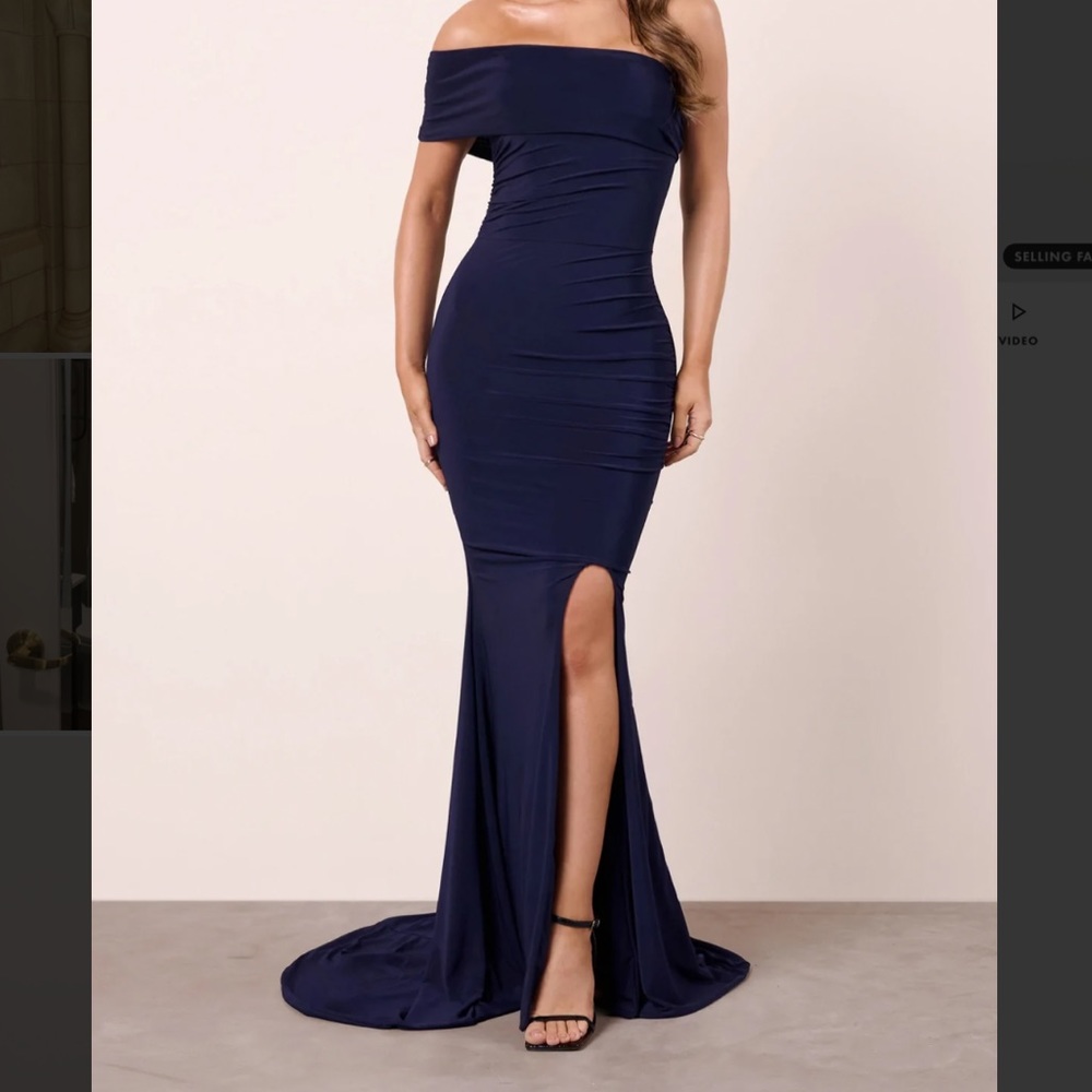 CLUB LONDON - NAVY ONE SHOULDER FISHTAIL MAXI DRESS